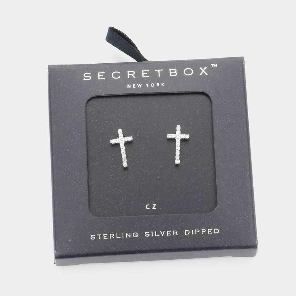 White Sterling Silver Dipped CZ Cross Stud Earrings