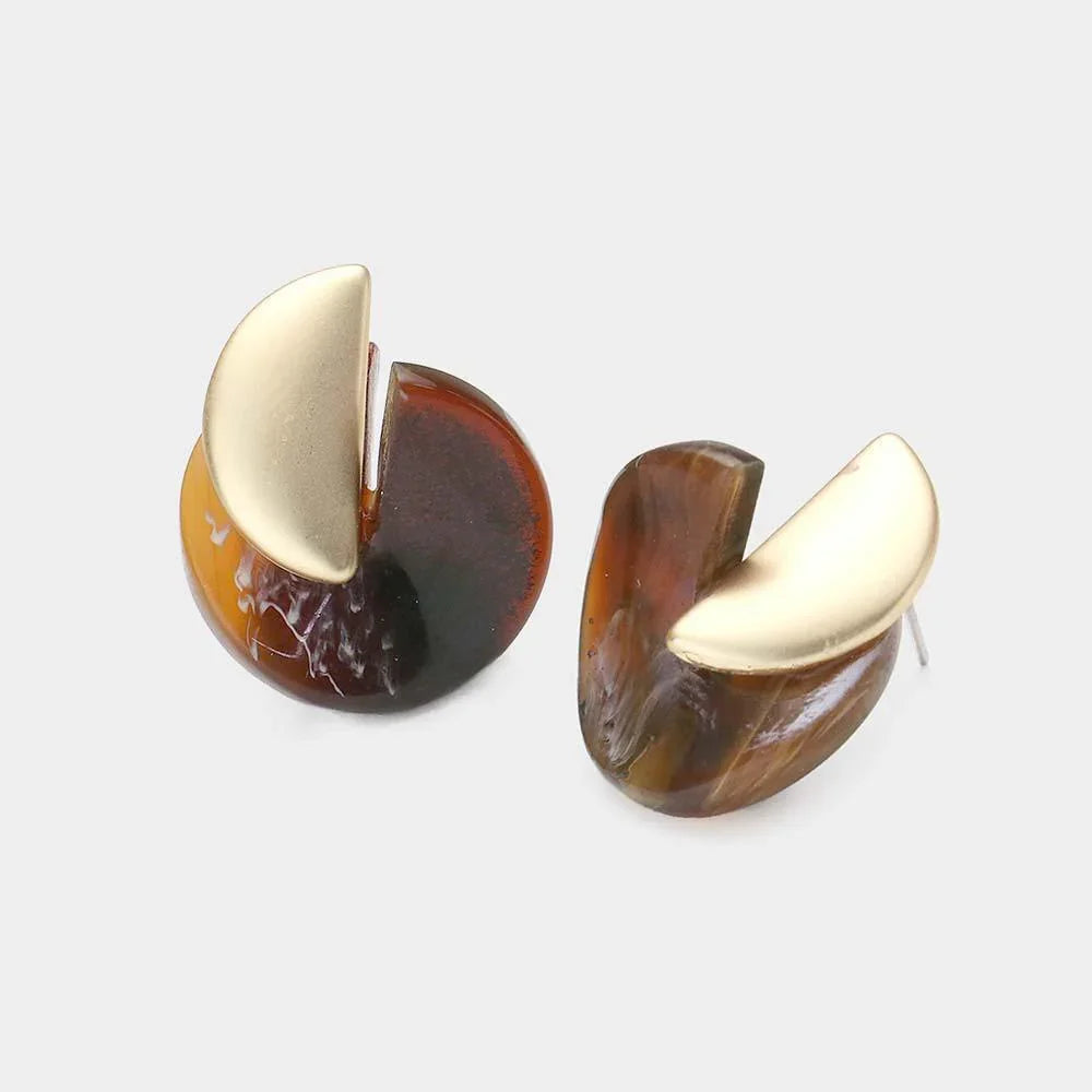 Brown Celluloid Acetate Wavy Circle Half Metal Stud Earrings - Jewelry Store by Erik Rayo