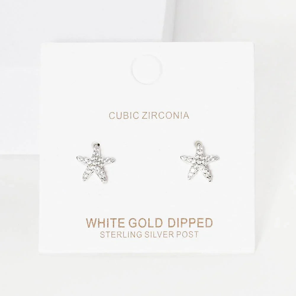 Silver White Gold Dipped CZ Starfish Stud Earrings - Jewelry Store by Erik Rayo