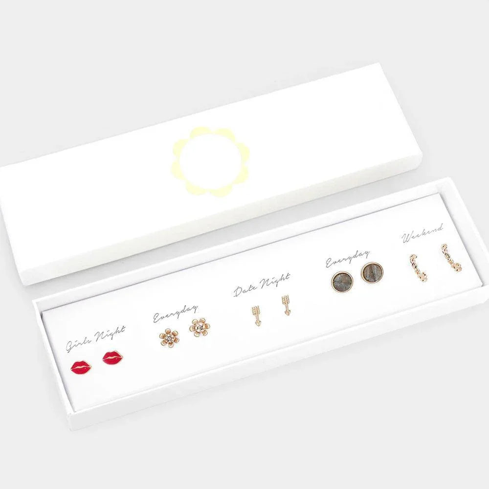 Gold 5Pairs - Lips Rhinestone Embellished Flower Arrow Half Hoop Earrings - Jewelry Store by Erik Rayo