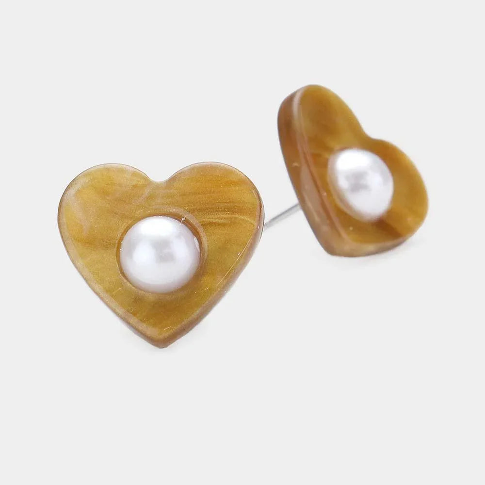 Celluloid Acetate Heart Centered Pearl Stud Earrings - Jewelry Store by Erik Rayo