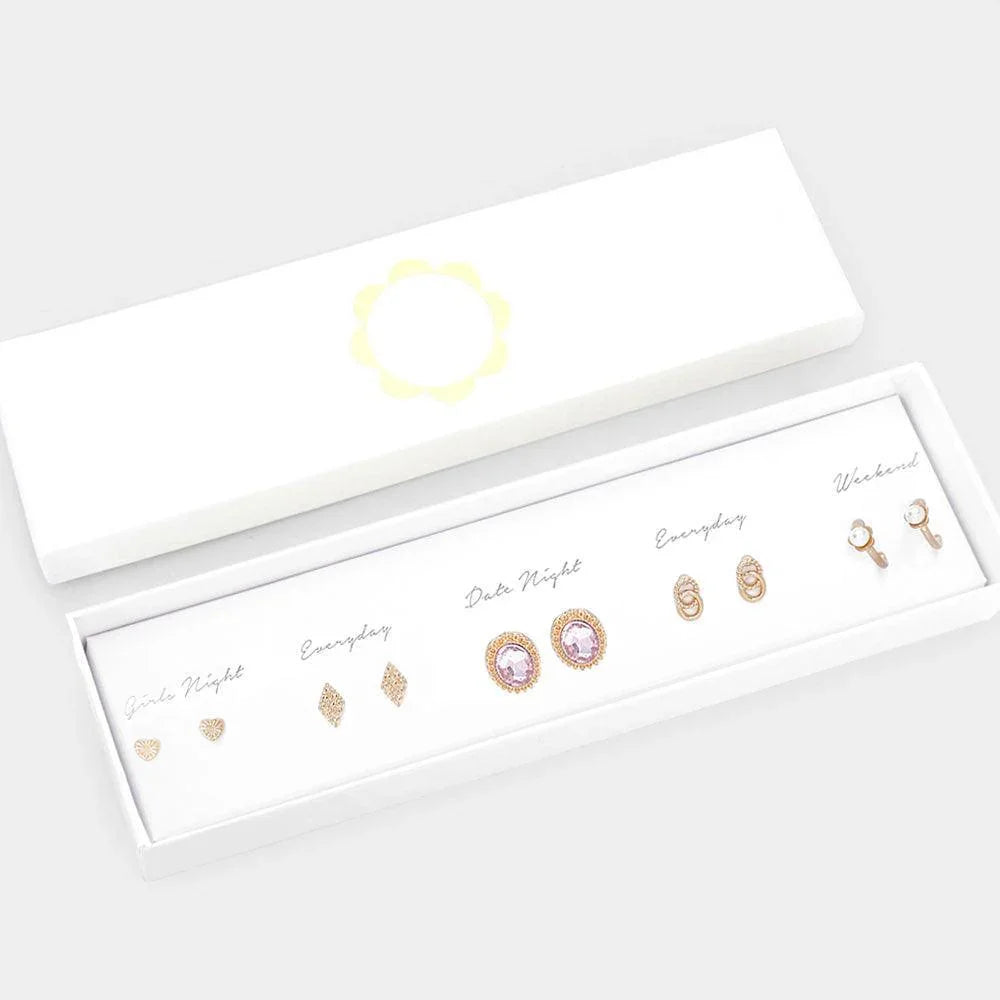 Gold 5Pairs - Heart Rhombus Oval Stone Open Metal Link Pearl Pointed Half Hoop Earrings - Jewelry Store by Erik Rayo