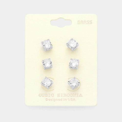 3PAIRS - CZ Cubic Zirconia Round Stud Earrings - Jewelry Store by Erik Rayo