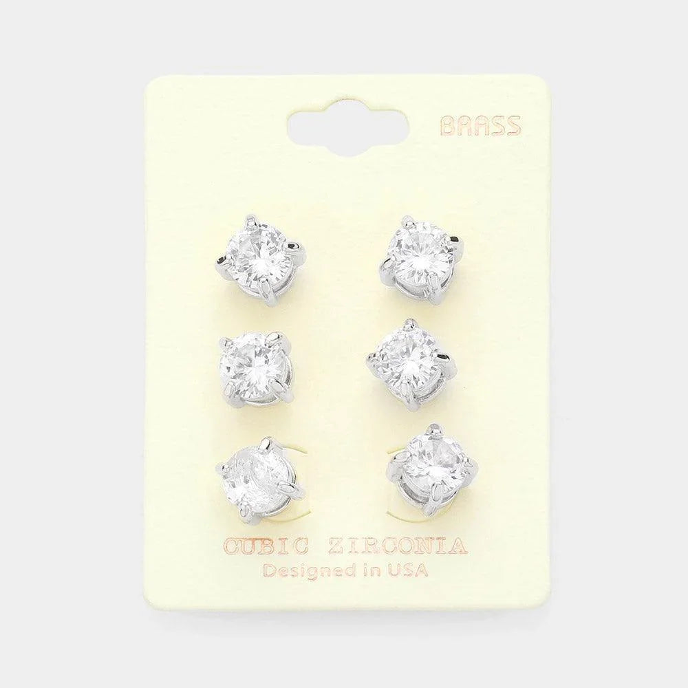 3PAIRS - CZ Cubic Zirconia Round Stud Earrings - Jewelry Store by Erik Rayo