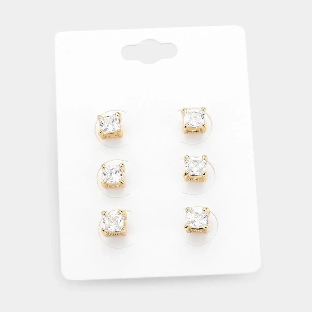 Gold 3Pairs - Square Stone Stud Earrings - Jewelry Store by Erik Rayo