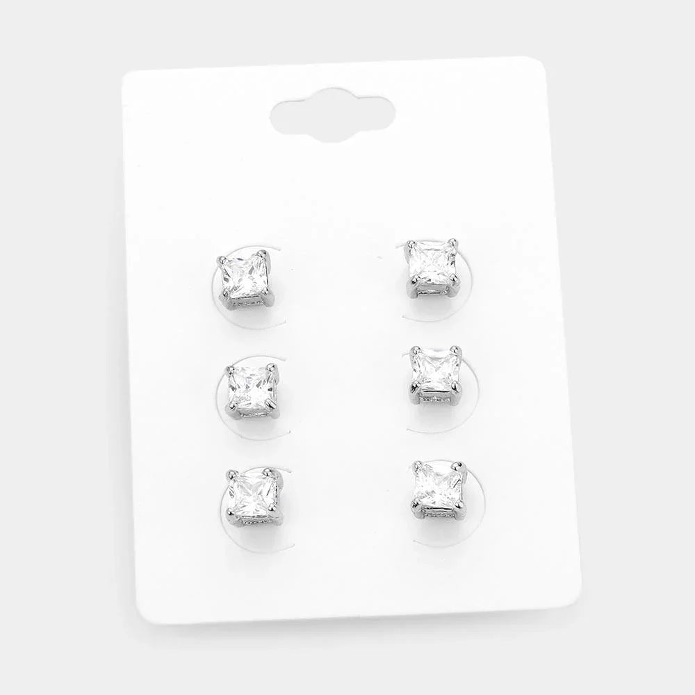 3Pairs - Square Stone Stud Earrings - Jewelry Store by Erik Rayo
