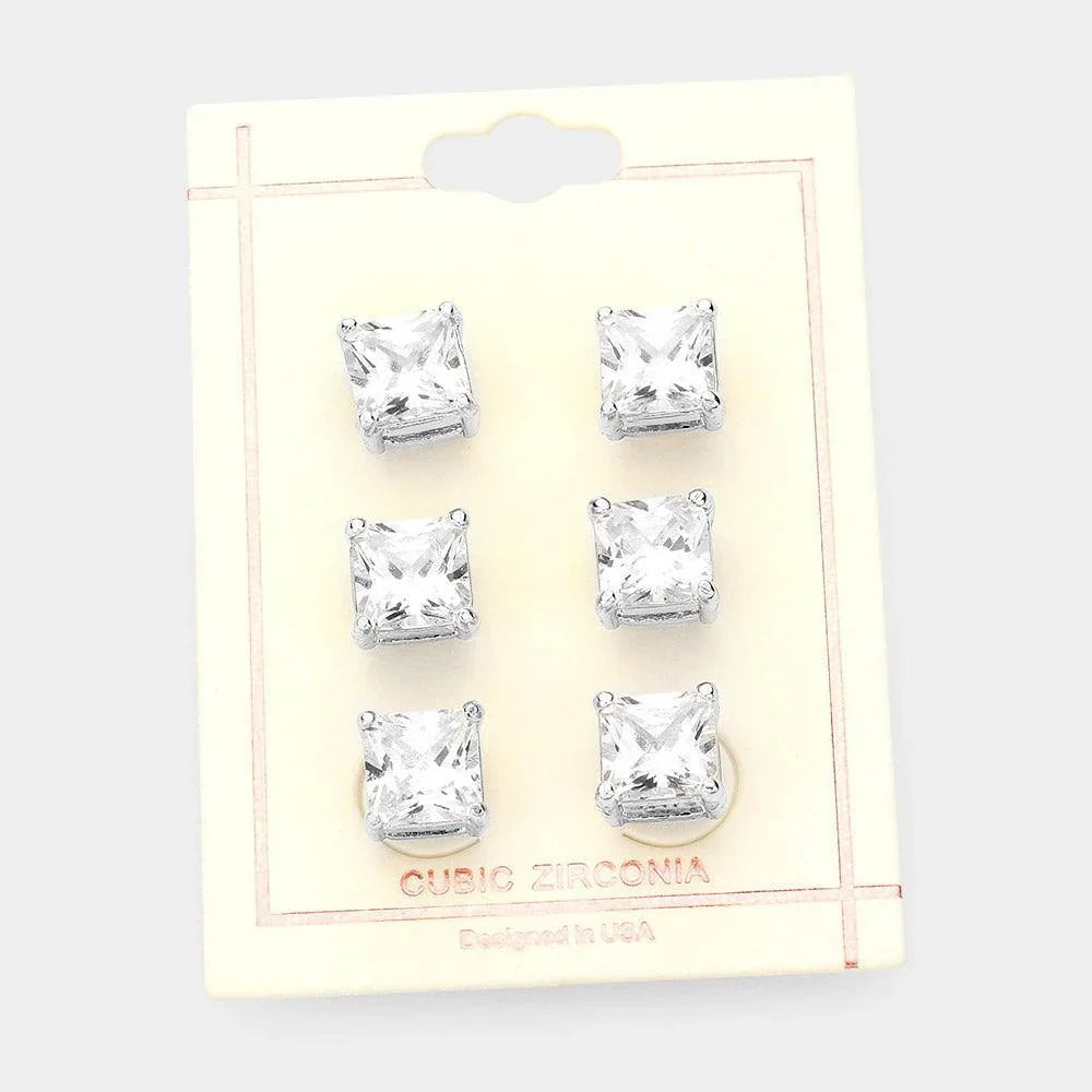 3Pairs - CZ Square Stone Stud Earrings - Jewelry Store by Erik Rayo