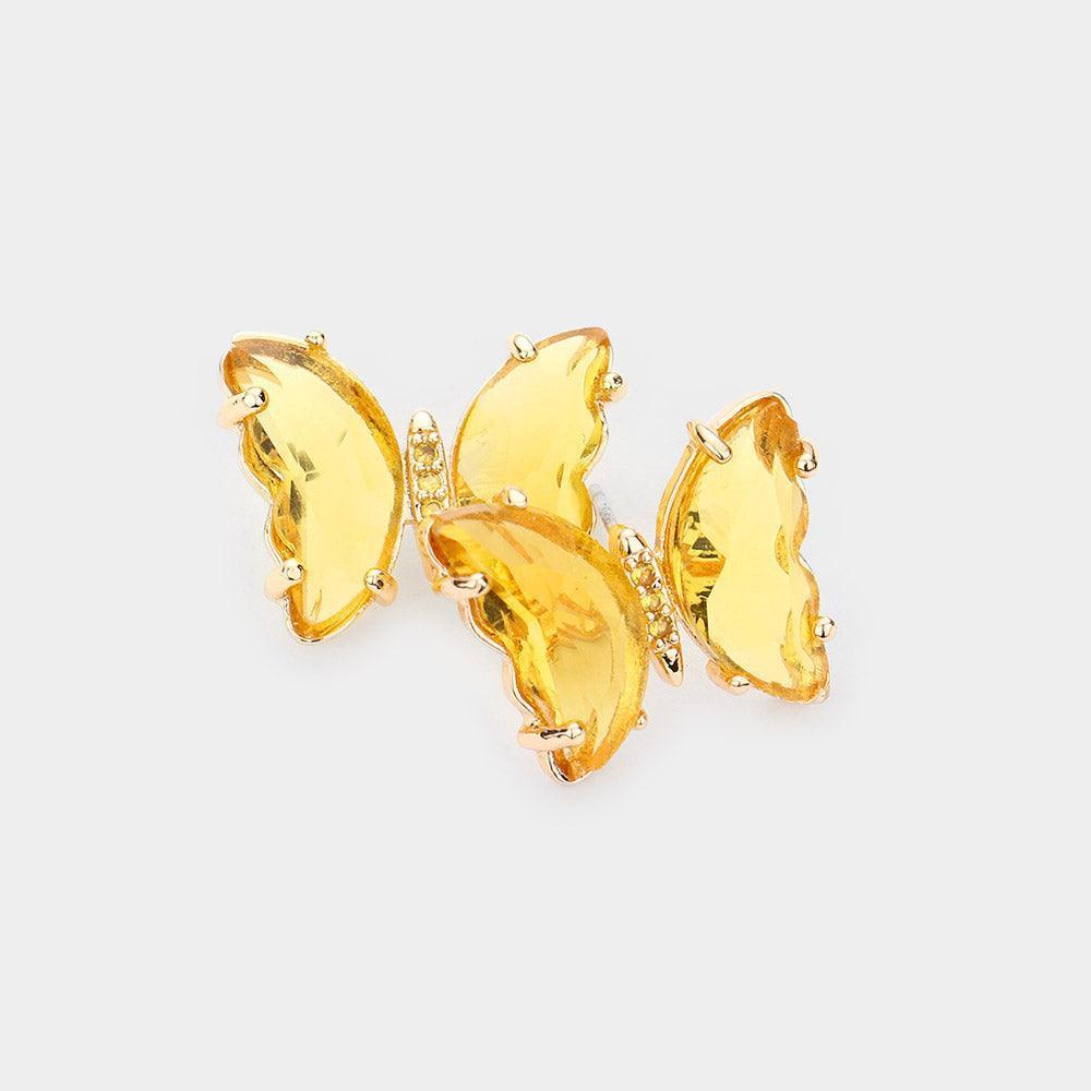 Yellow Brass Metal Stone Butterfly Stud Earrings - Jewelry Store by Erik Rayo