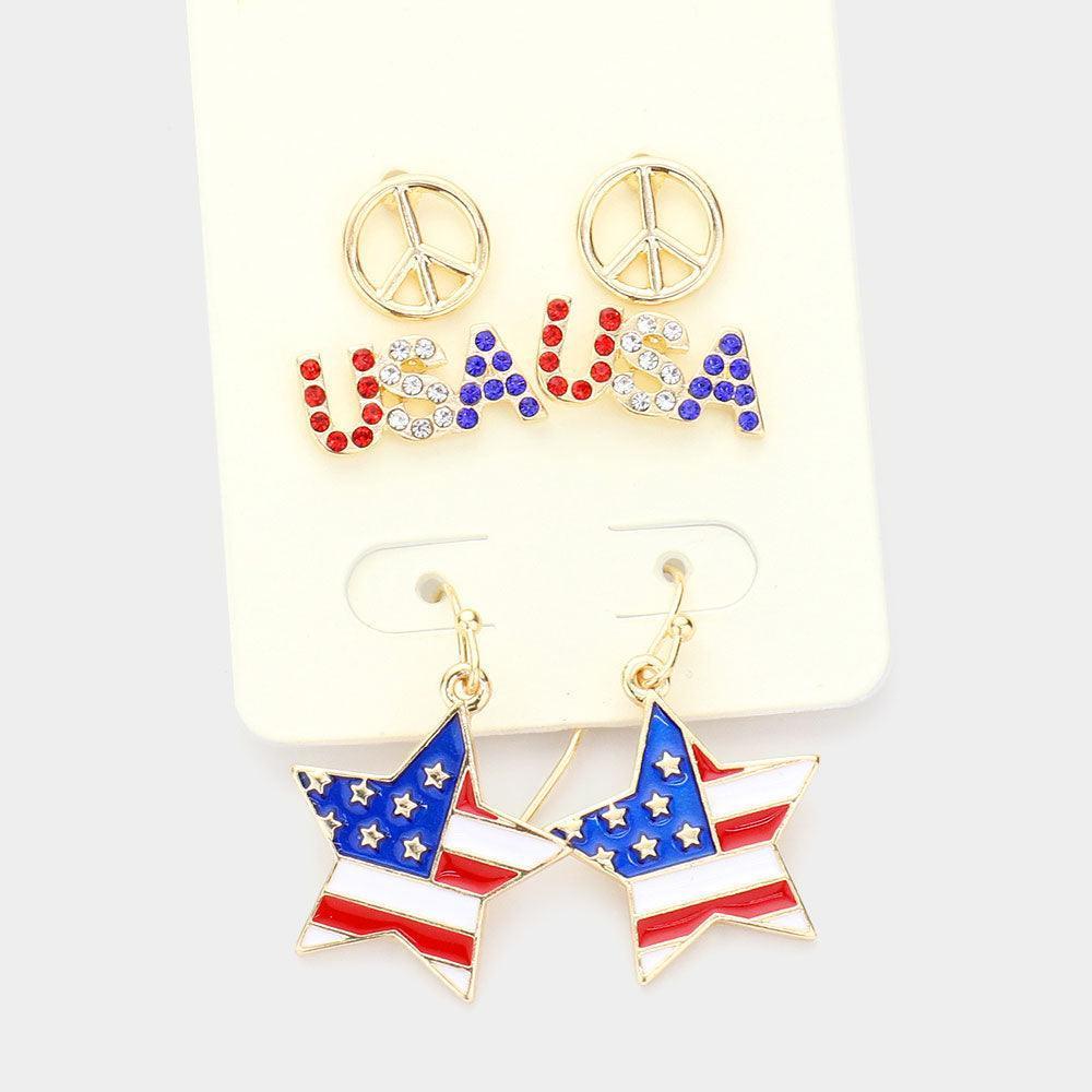 Gold 3Pairs - Peace Sign USA American Flag Star Earrings - Jewelry Store by Erik Rayo