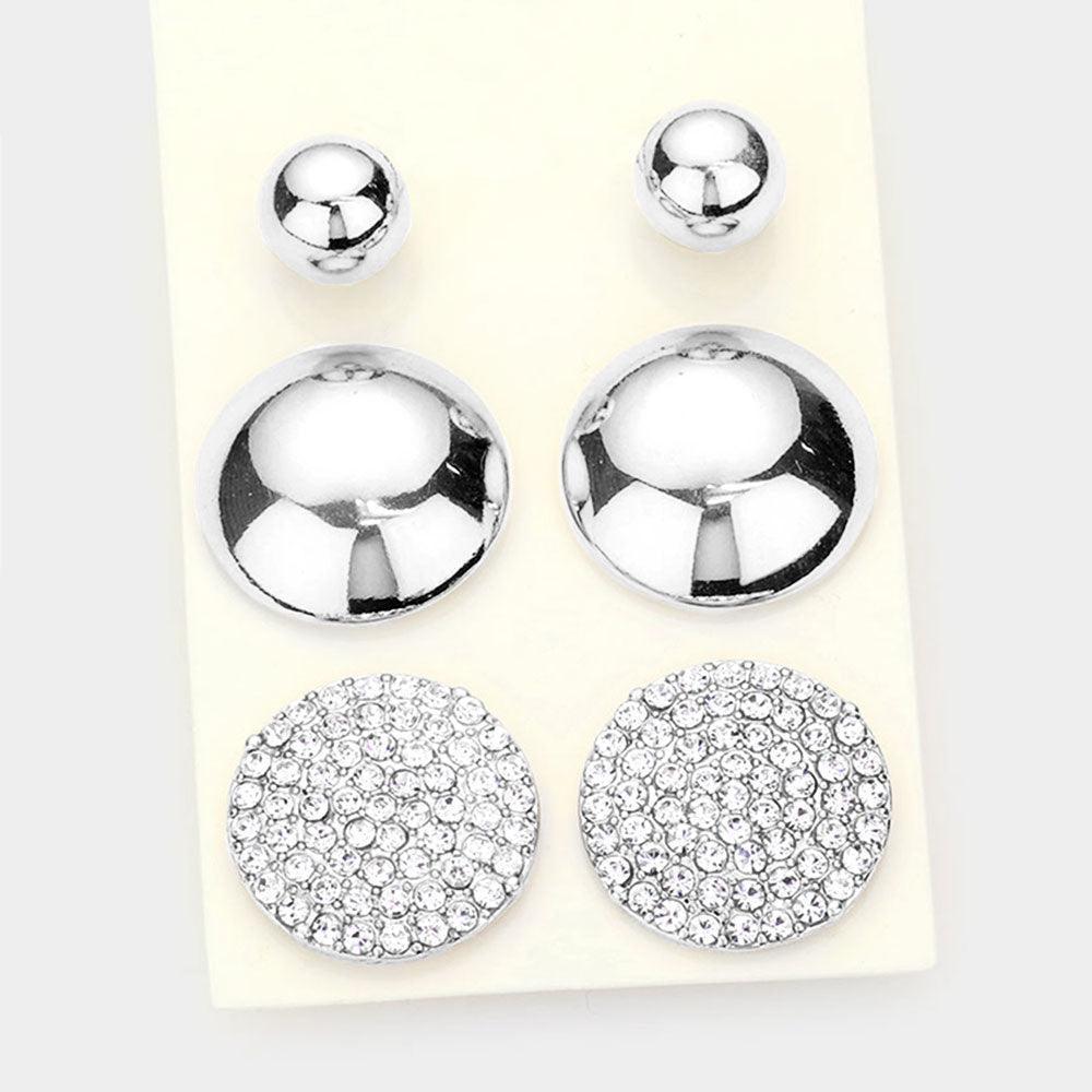 3Pairs - Metal Ball Rhinestone Embellished Round Stud Earrings - Jewelry Store by Erik Rayo