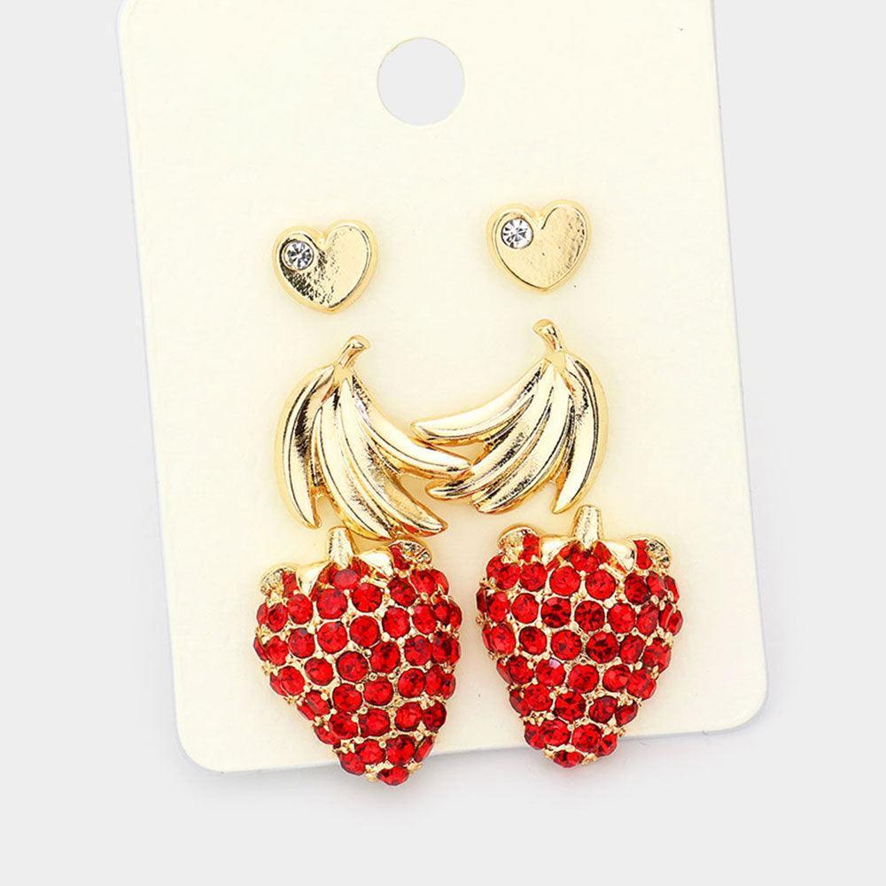Red 3Pairs - Rhinestone Embellished Heart Strawberry Metal Banana Stud Earrings - Jewelry Store by Erik Rayo