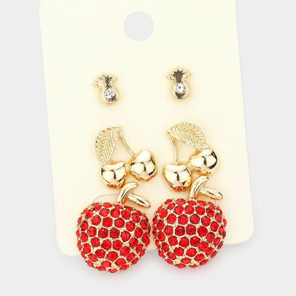 Red 3Pairs - Rhinestone Embellished Cherry Apple Metal Pineapple Stud Earrings - Jewelry Store by Erik Rayo