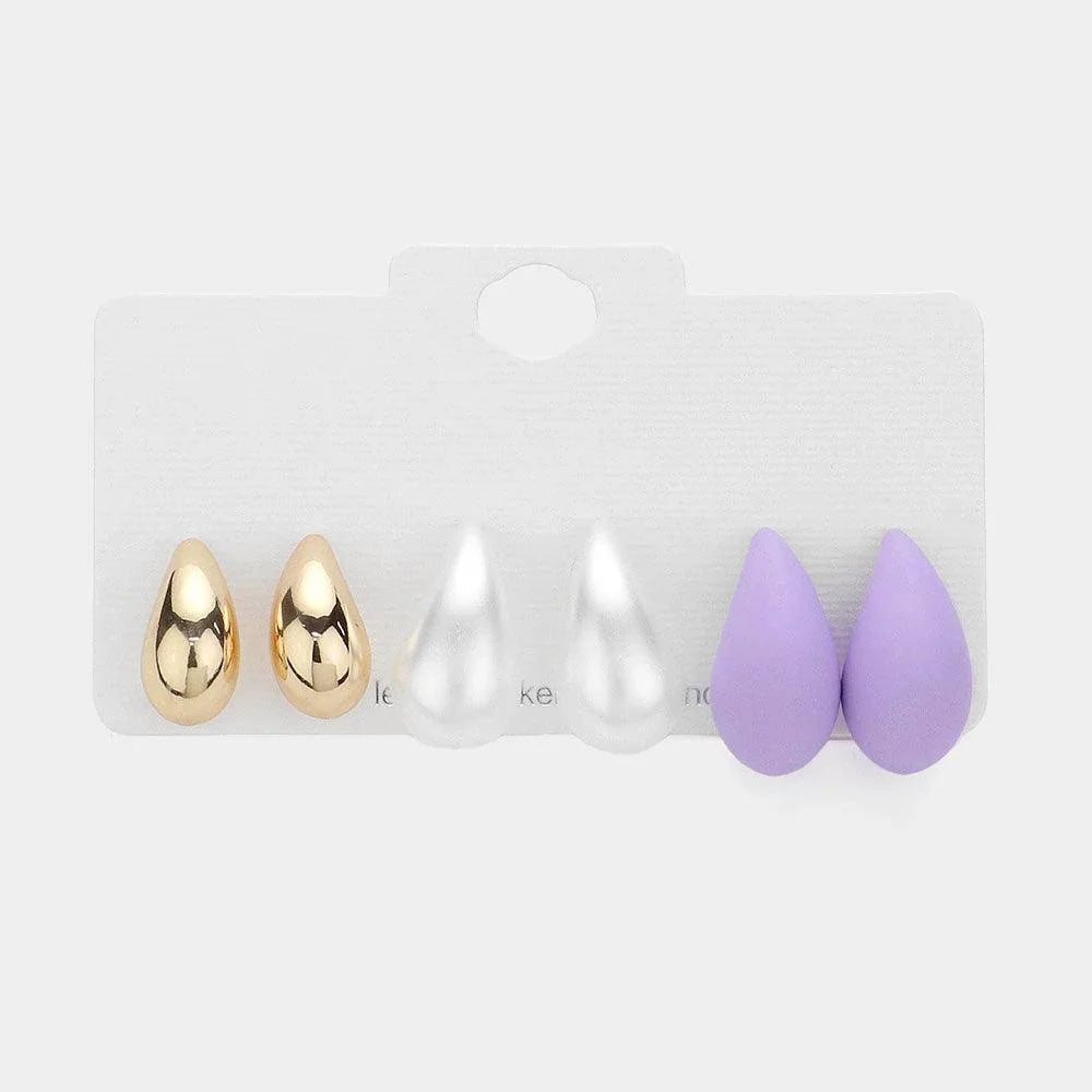 Lavender 3Pairs - Metal Pearl Matte Teardrop Stud Earrings Set - Jewelry Store by Erik Rayo