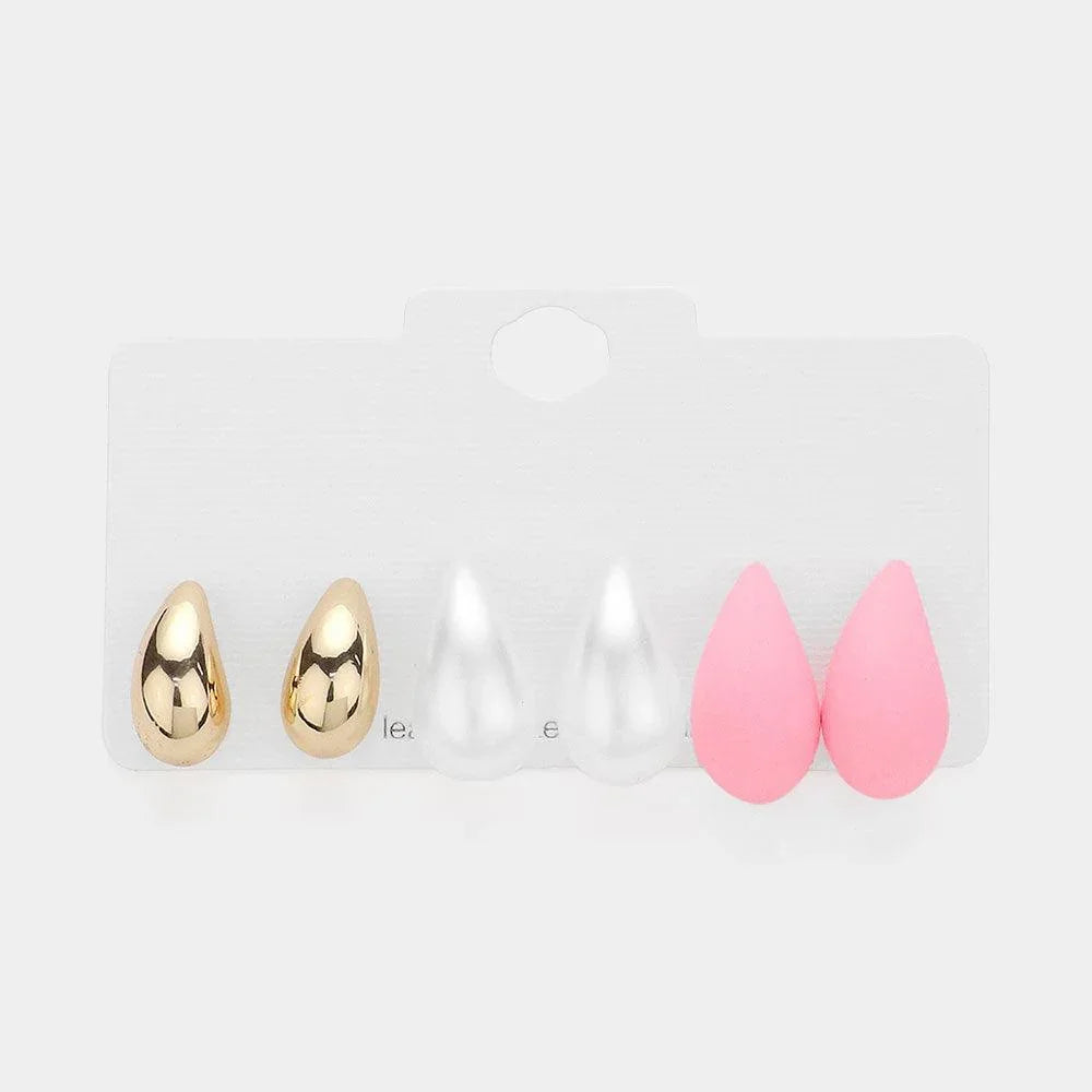 Pink 3Pairs - Metal Pearl Matte Teardrop Stud Earrings Set - Jewelry Store by Erik Rayo