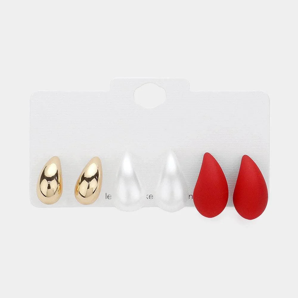 Red 3Pairs - Metal Pearl Matte Teardrop Stud Earrings Set - Jewelry Store by Erik Rayo
