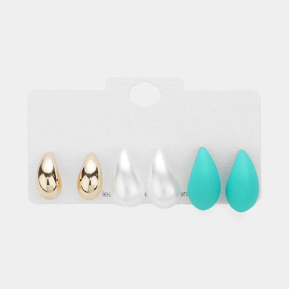 3Pairs - Metal Pearl Matte Teardrop Stud Earrings Set - Jewelry Store by Erik Rayo