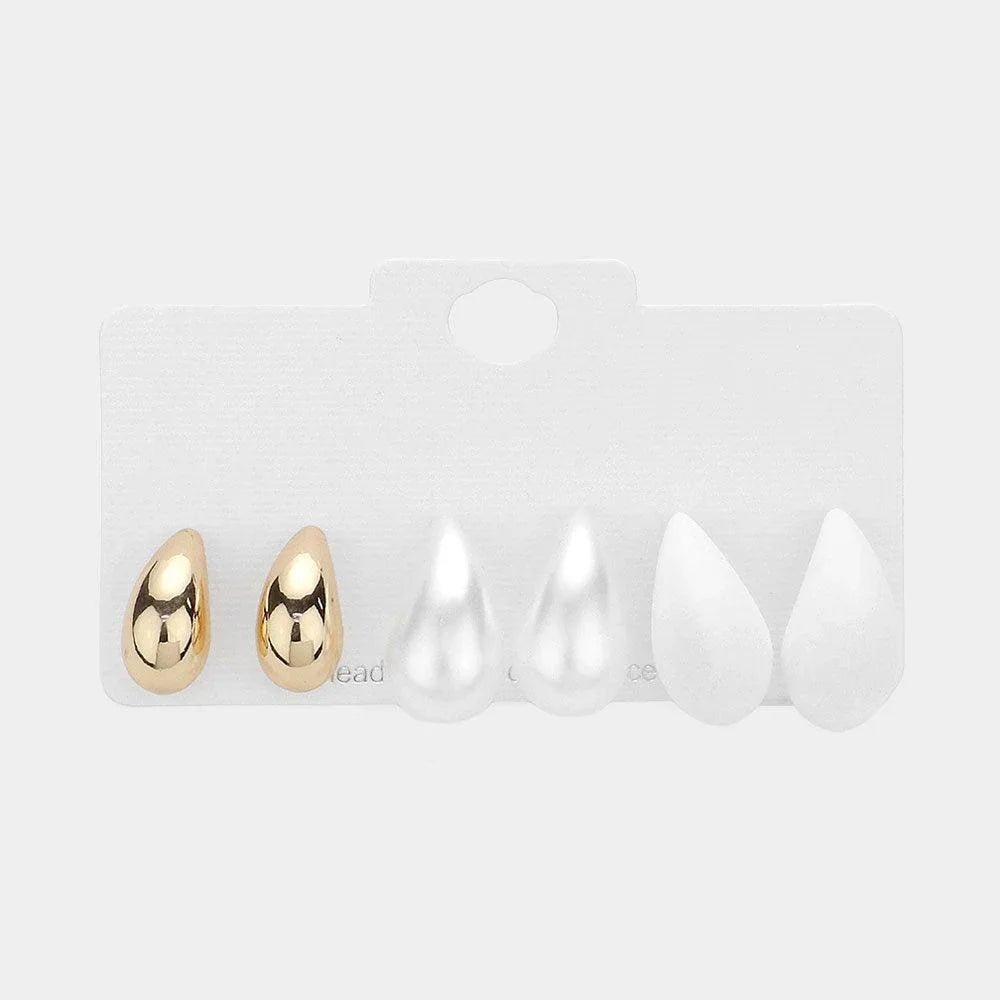 White 3Pairs - Metal Pearl Matte Teardrop Stud Earrings Set - Jewelry Store by Erik Rayo