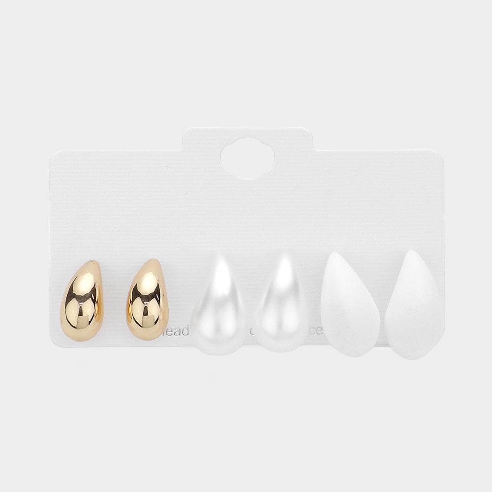 White 3Pairs - Metal Pearl Matte Teardrop Stud Earrings Set