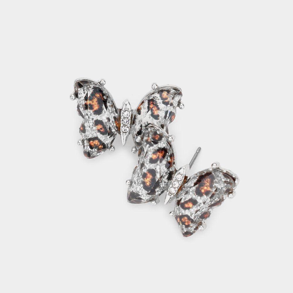 Leopard Patterned Glitter Butterfly Stud Earrings - Jewelry Store by Erik Rayo