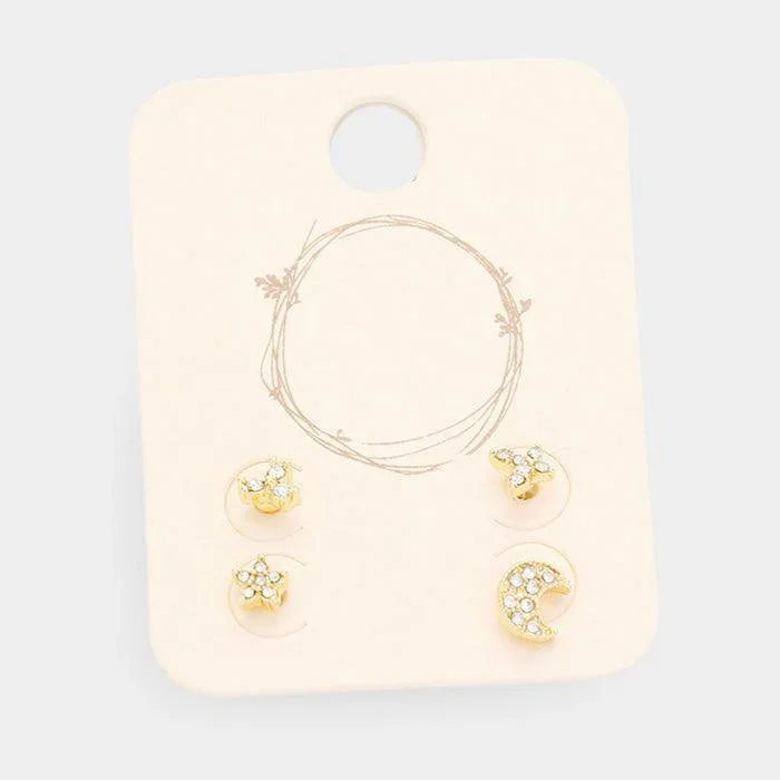 Gold 2Pairs - Mixed Crystal Floral Moon Metal Stud Earrings - Jewelry Store by Erik Rayo