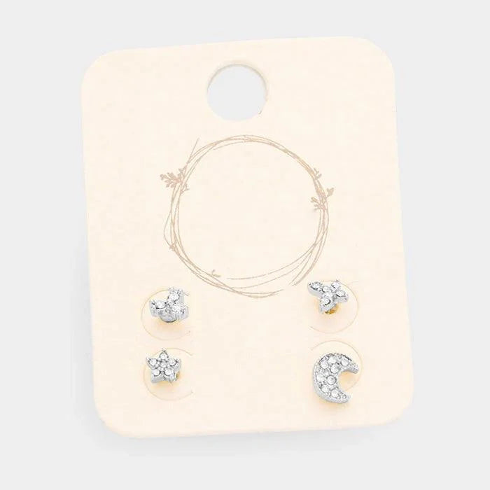 Clear 2Pairs - Mixed Crystal Floral Moon Metal Stud Earrings - Jewelry Store by Erik Rayo