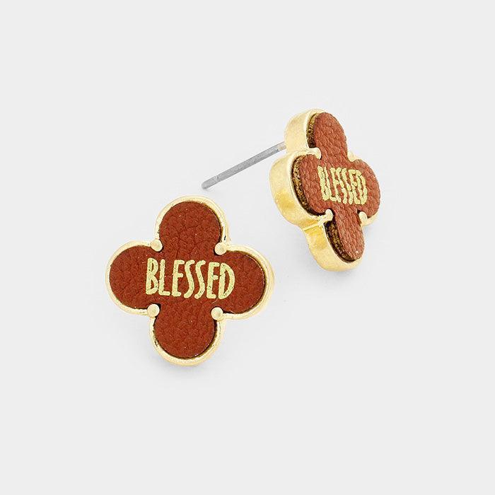 Gold "Blessed" Leather Quatrefoil Clover Stud Earring - Jewelry Store by Erik Rayo