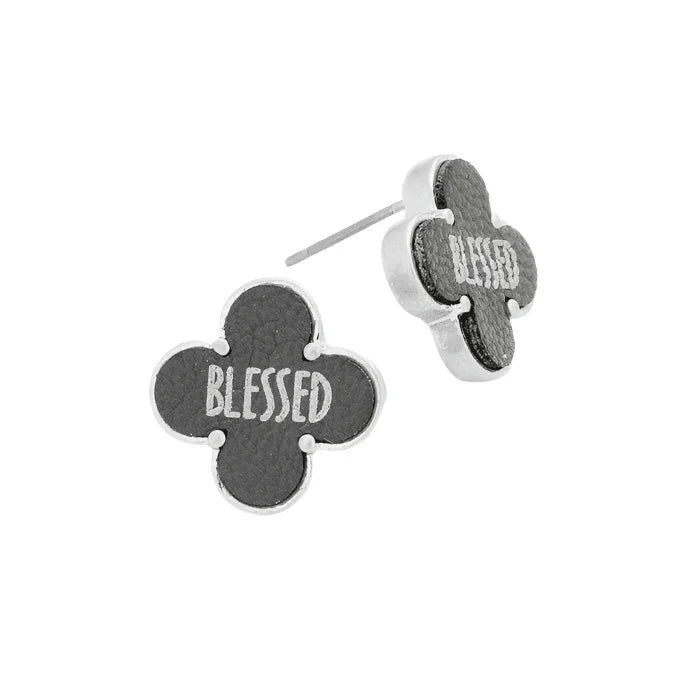 Gray "Blessed" Leather Quatrefoil Clover Stud Earring - Jewelry Store by Erik Rayo