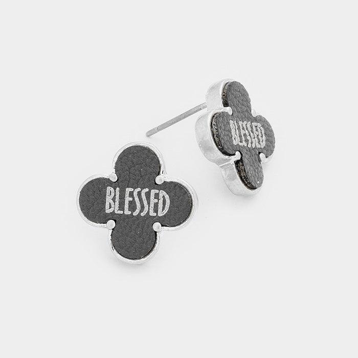 Gray "Blessed" Leather Quatrefoil Clover Stud Earring - Jewelry Store by Erik Rayo
