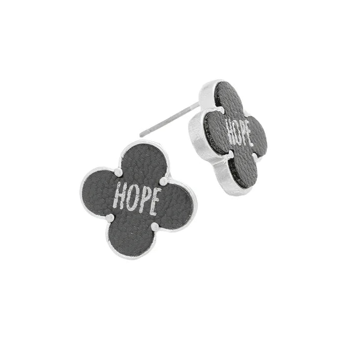 Gray "Hope" Leather Quatrefoil Clover Stud Earring - Jewelry Store by Erik Rayo
