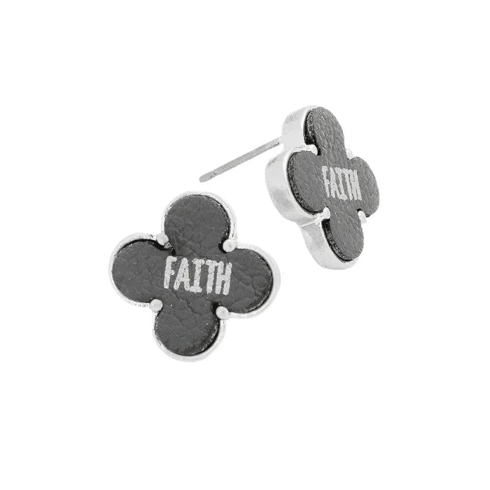 Gray "Faith" Leather Quatrefoil Clover Stud Earring - Jewelry Store by Erik Rayo