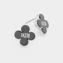 Load image into Gallery viewer, Gray &quot;Faith&quot; Leather Quatrefoil Clover Stud Earring
