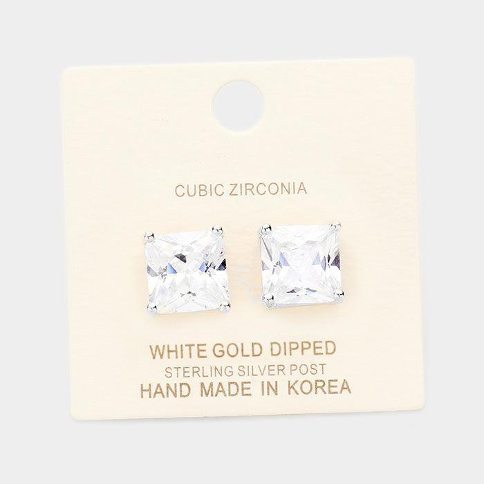Clear White Gold Dipped 11mm Cubic Zirconia Square Stud Earrings - Jewelry Store by Erik Rayo