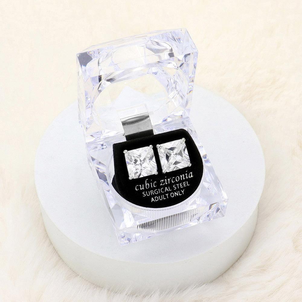 Clear 11mm Square Crystal Cubic Zirconia CZ Stud Earrings with Clear Box - Jewelry Store by Erik Rayo