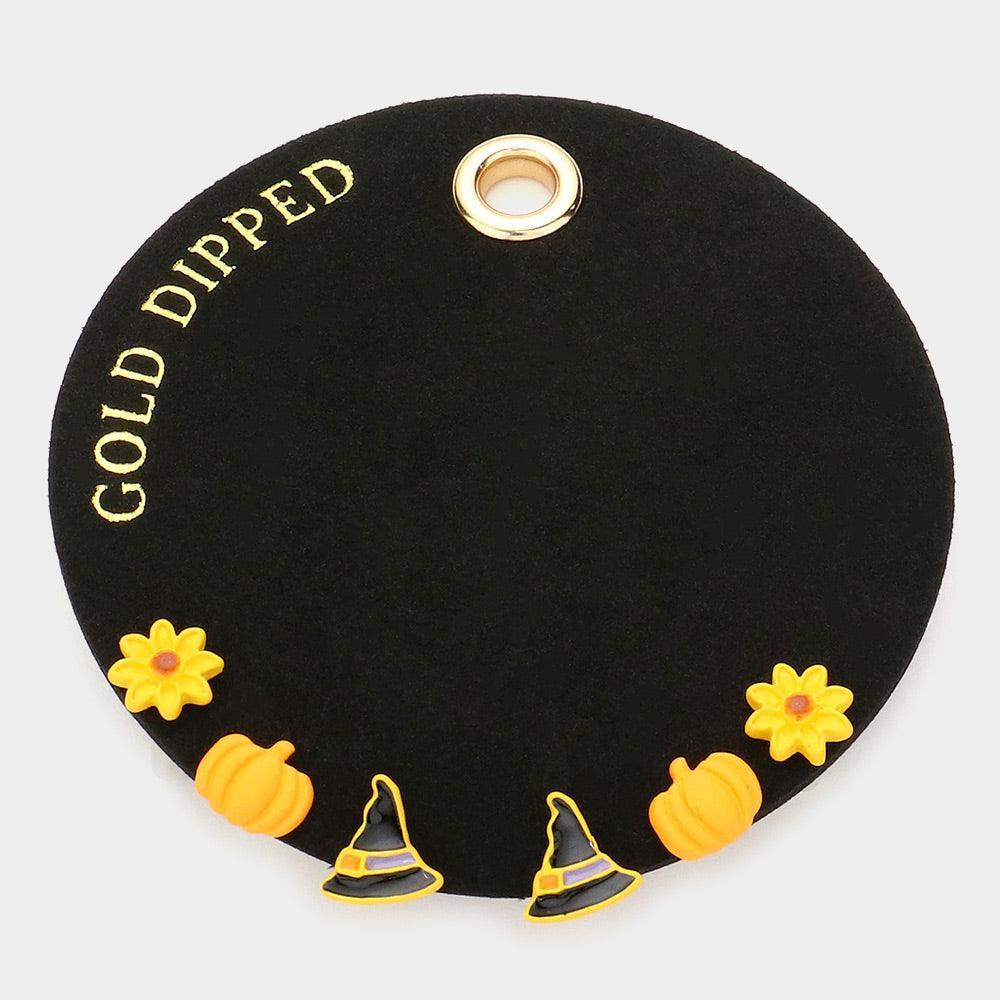 Gold Dipped Flower Pumpkin Witch Hat 3Pairs Stud Earrings - Jewelry Store by Erik Rayo