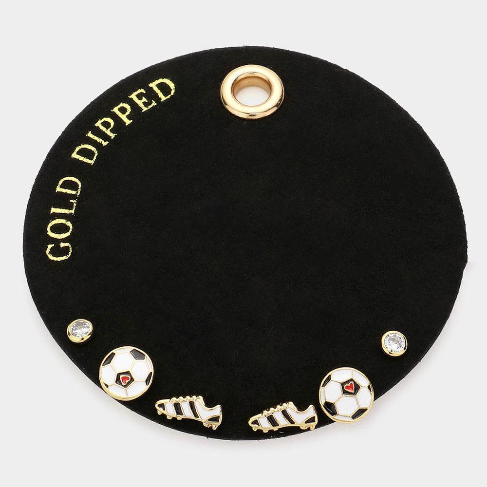 Gold Dipped Round Stone Soccer Shoes 3Pairs Stud Earrings - Jewelry Store by Erik Rayo