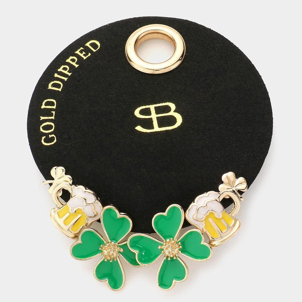 Gold Dipped St Patricks Day Shamrock Clover Beer 3 Pairs Stud Earrings - Jewelry Store by Erik Rayo