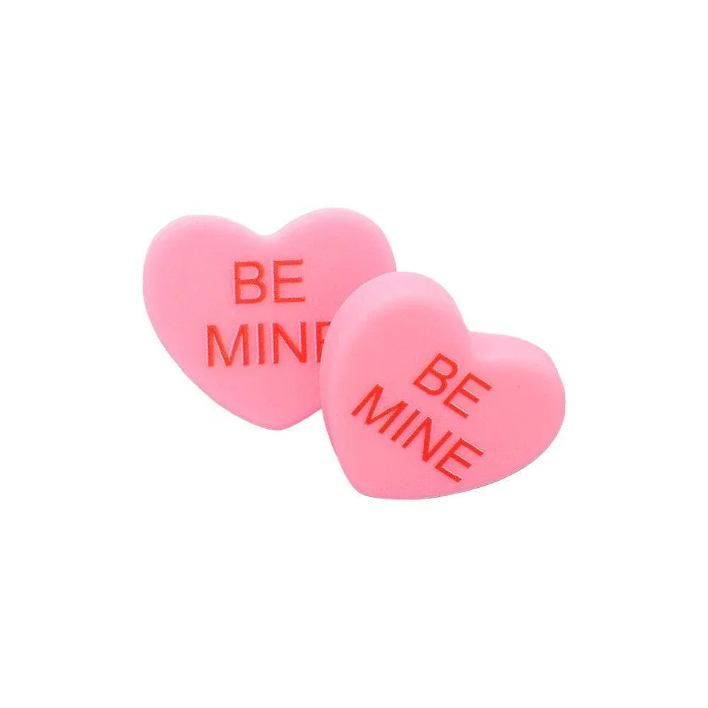 Pink BE MINE Message Heart Stud Earrings - Jewelry Store by Erik Rayo