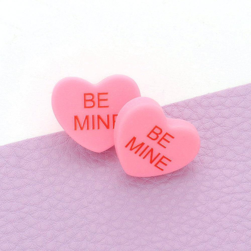 Pink BE MINE Message Heart Stud Earrings - Jewelry Store by Erik Rayo