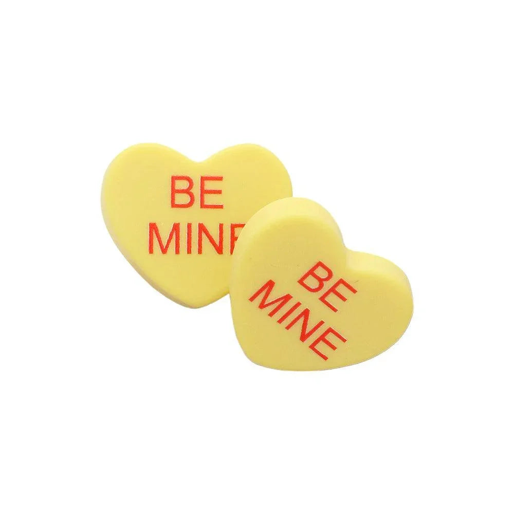 Yellow BE MINE Message Heart Stud Earrings - Jewelry Store by Erik Rayo
