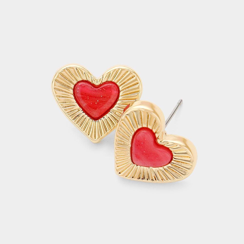 Red Celluloid Acetate Heart Centered Stud Earrings - Jewelry Store by Erik Rayo