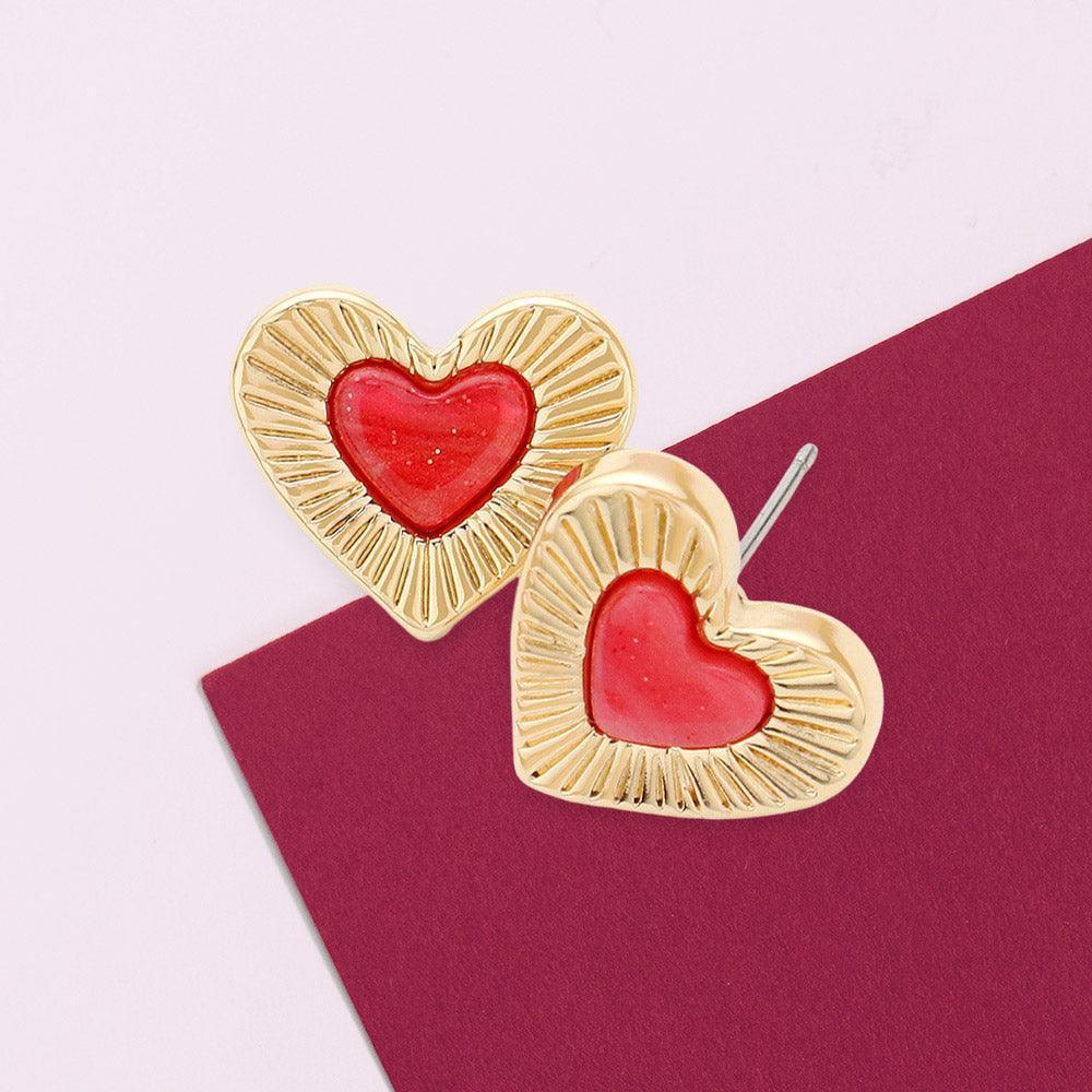 Red Celluloid Acetate Heart Centered Stud Earrings - Jewelry Store by Erik Rayo