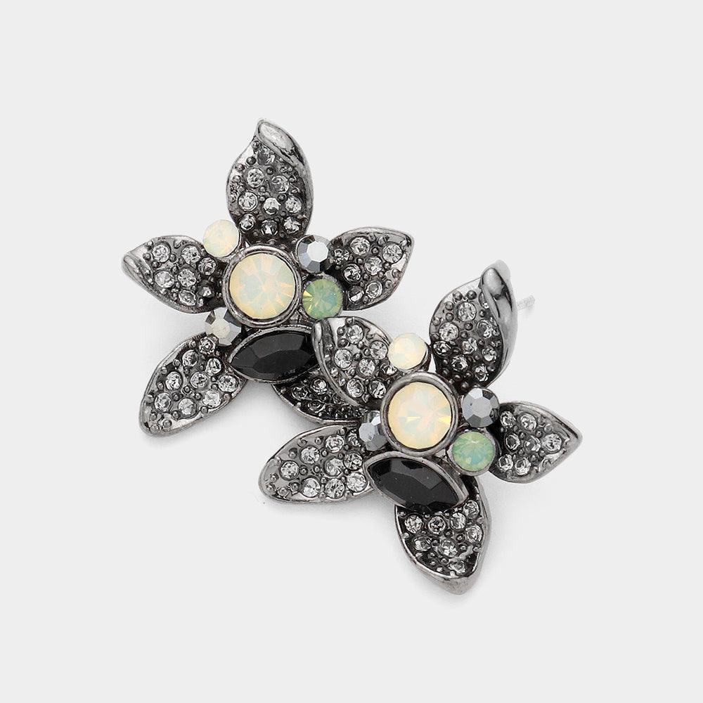 Black Crystal Pave Flower Stud Earrings - Jewelry Store by Erik Rayo