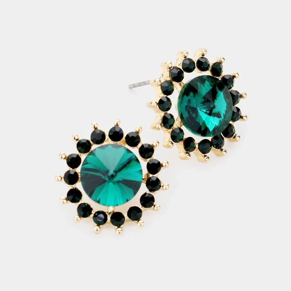 Green Round Stone Flower Stud Evening Earrings - Jewelry Store by Erik Rayo