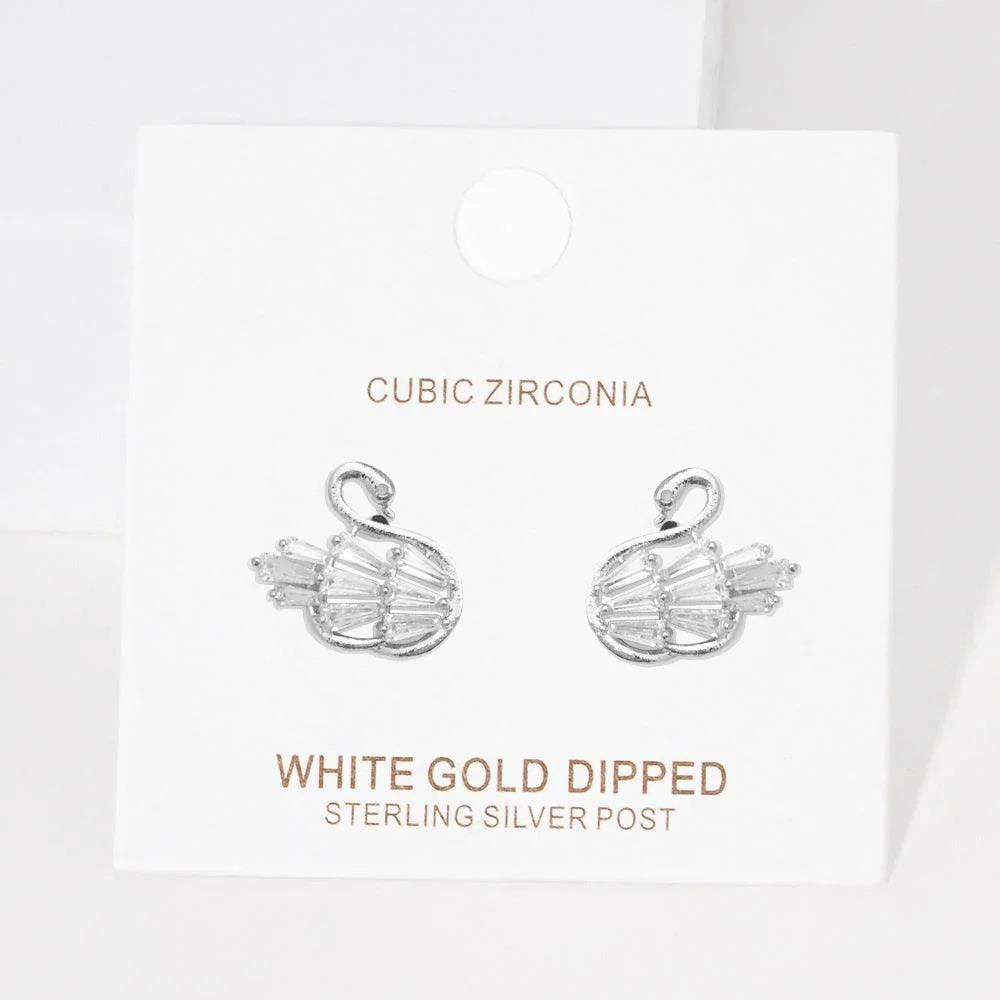 Silver White Gold Dipped CZ Swan Stud Earrings - Jewelry Store by Erik Rayo