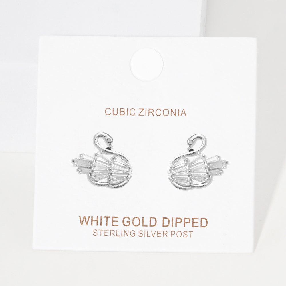 Silver White Gold Dipped CZ Swan Stud Earrings