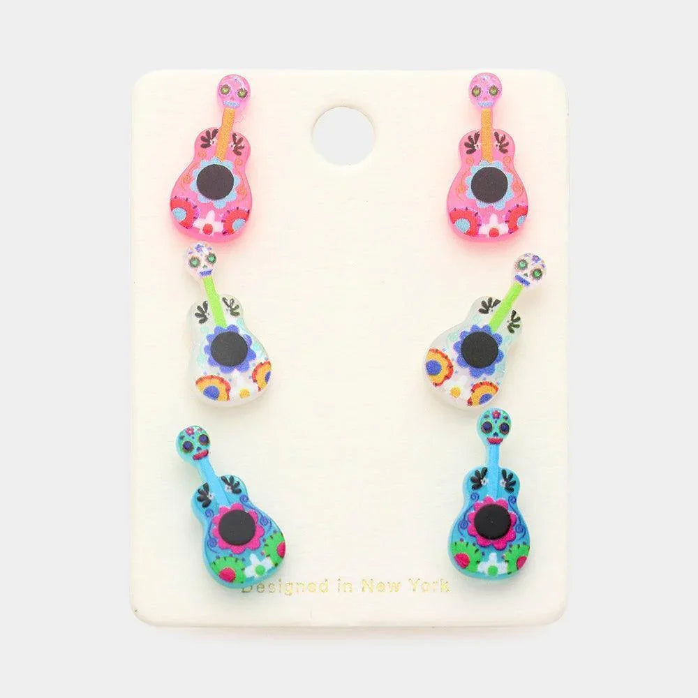 3Pairs - Resin Guitar Stud Earrings - Jewelry Store by Erik Rayo