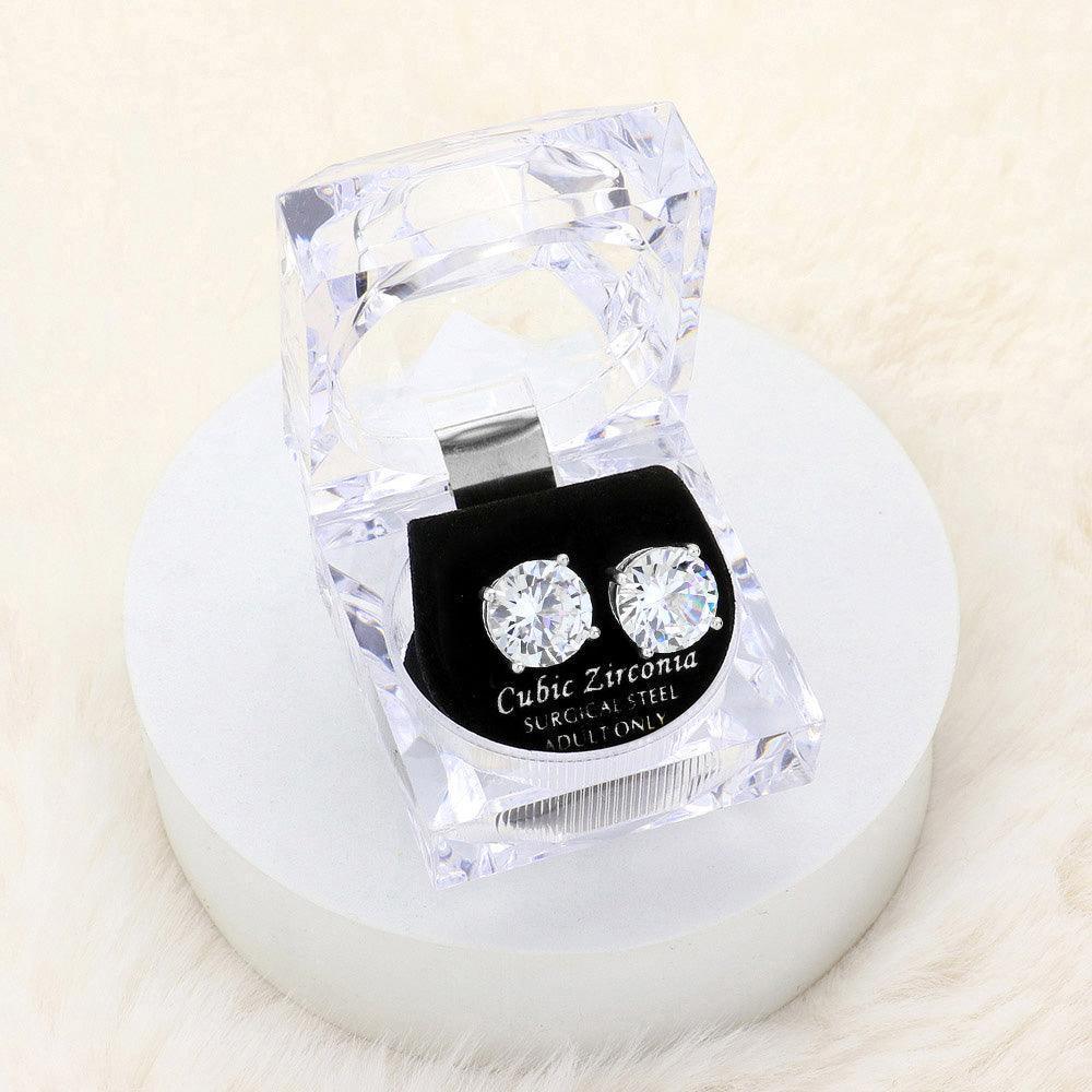 Silver 12mm Round Cut Crystal Cubic Zirconia CZ Stud Earrings with Clear Box - Jewelry Store by Erik Rayo