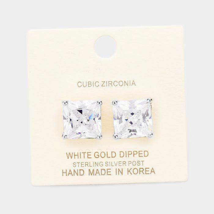 Clear White Gold Dipped 12mm Cubic Zirconia Square Stud Earrings - Jewelry Store by Erik Rayo