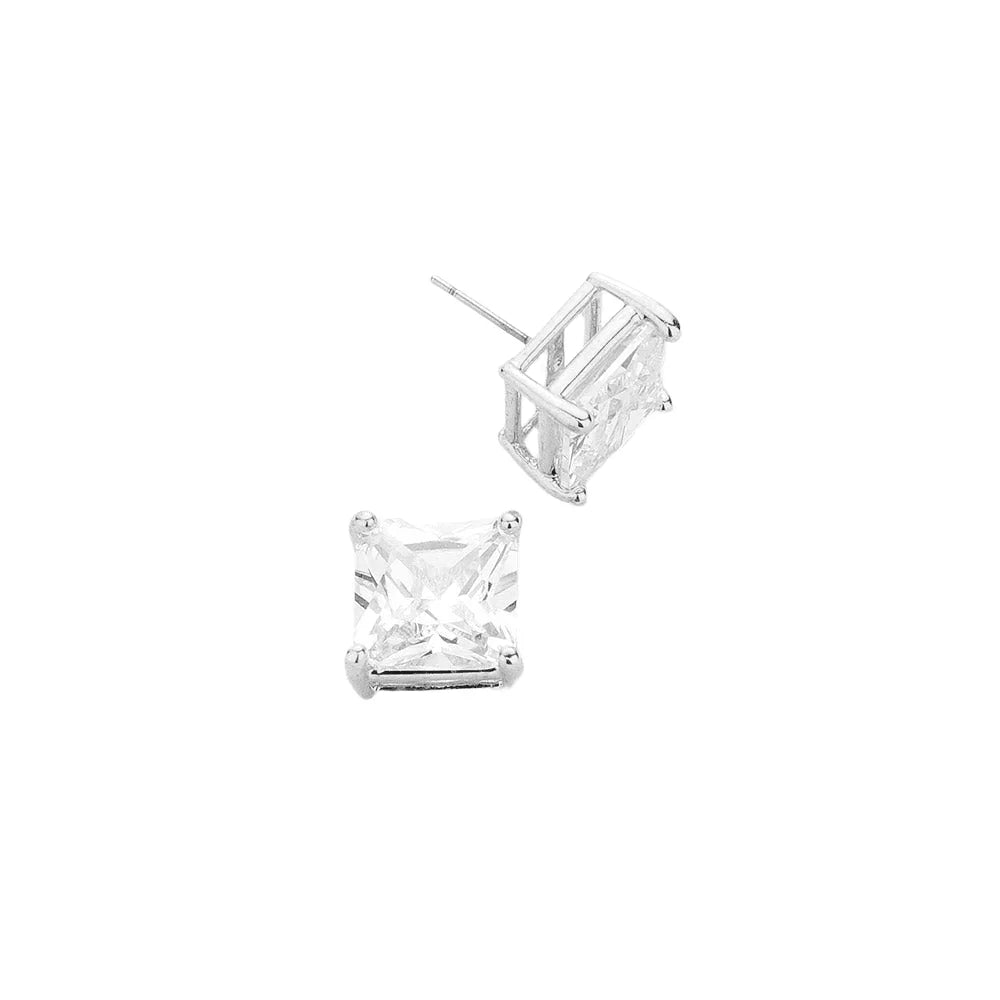 Silver 12mm Square Crystal Cubic Zirconia CZ Stud Earrings with Clear Box - Jewelry Store by Erik Rayo