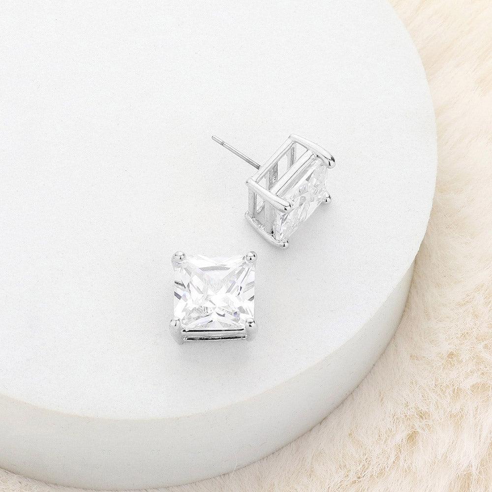 Silver 12mm Square Crystal Cubic Zirconia CZ Stud Earrings with Clear Box - Jewelry Store by Erik Rayo